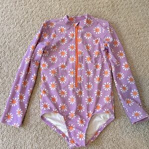 Primary Long Sleeve Girls Swimsuit- size girls 5 - Purple with White Flowers